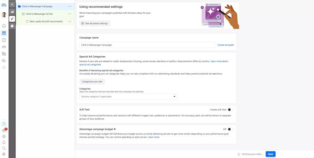 This image shows how to use click to chat by Meta. Edit your campaign in the Meta Ads Manager.