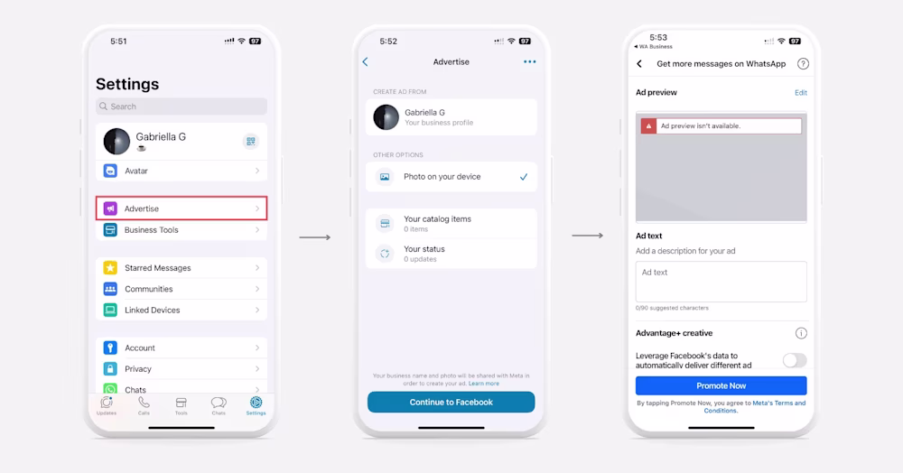Se você estiver usando um telefone Android em regiões selecionadas, pode criar anúncios do WhatsApp sem uma Página do Facebook usando seu endereço de e-mail. Semelhante à criação de anúncios com uma conta do Facebook, esses anúncios vão aparecer no Facebook e no Instagram. Para criar um anúncio no app do WhatsApp Business com uma conta do Facebook, siga as etapas deste blog.