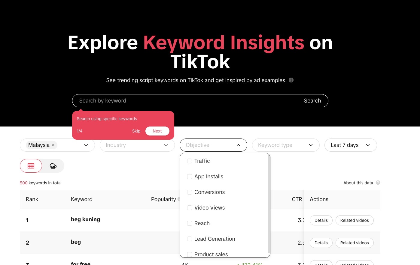 Screenshot showing how to get keyword insights in the TikTok Creator Center