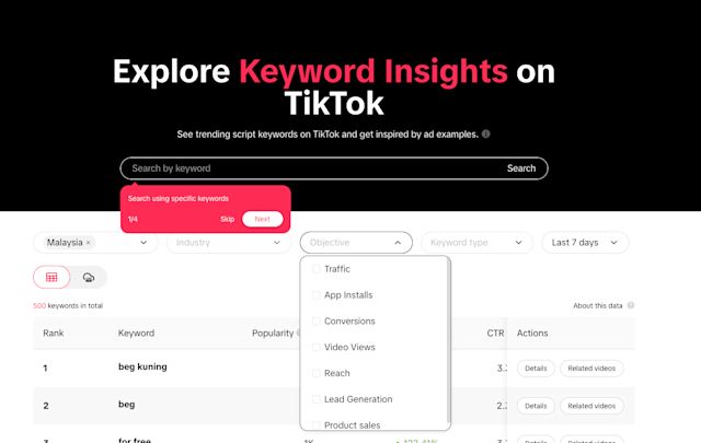 Screenshot showing how to get keyword insights in the TikTok Creator Center