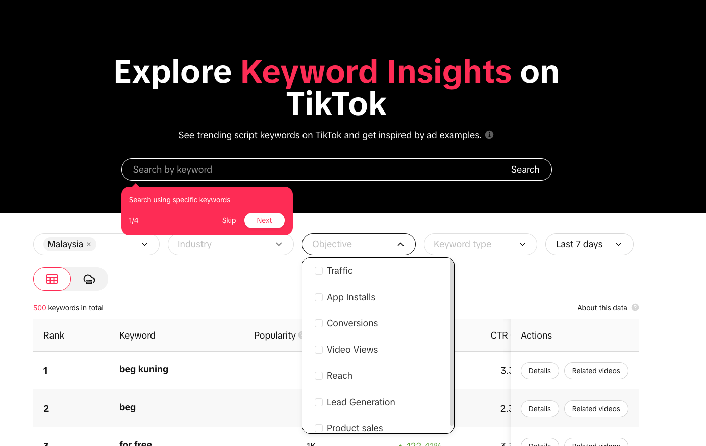 Screenshot showing how to get keyword insights in the TikTok Creator Center