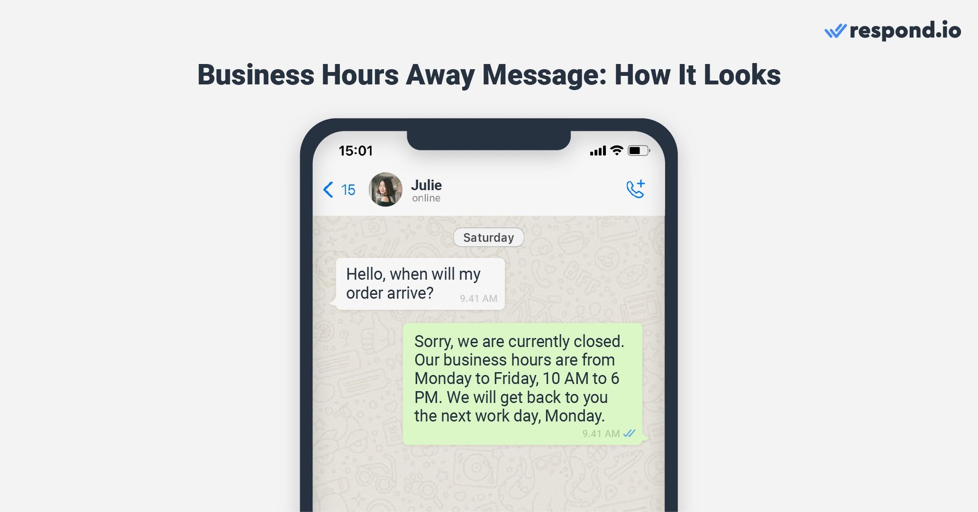 Not all companies operate round the clock. While some regular customers might be aware of your business hours, others may not be. To address this, it's essential to notify customers you're unavailable when they reach out outside your business hours. Your message can include your business hours and the expected response time. This keeps customers informed and helps minimize potential frustration during wait times. Furthermore, it assures customers that they will receive support from agents as soon as help is available.