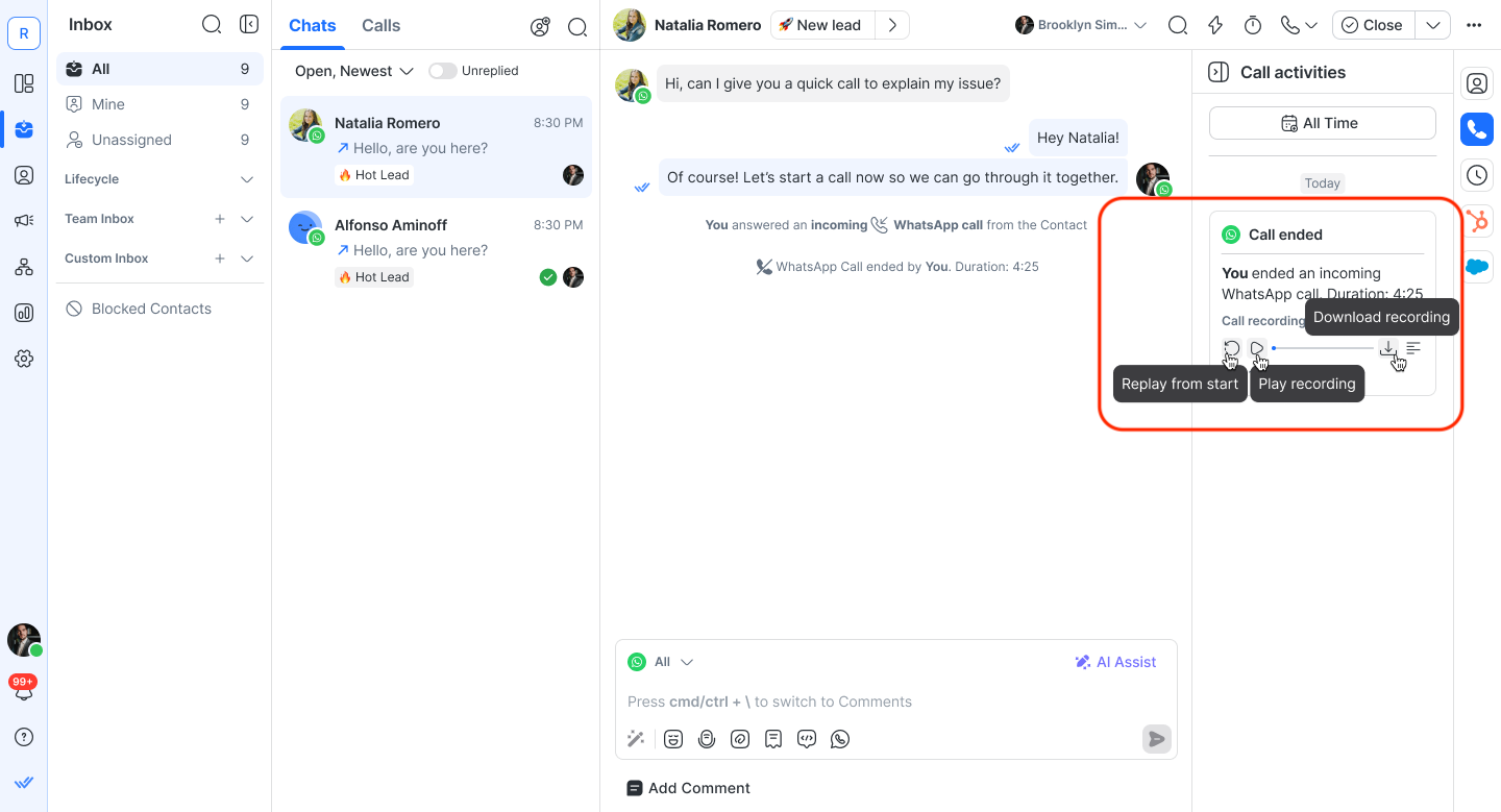 Call recording controls include download recording, play recording, and replay from start.