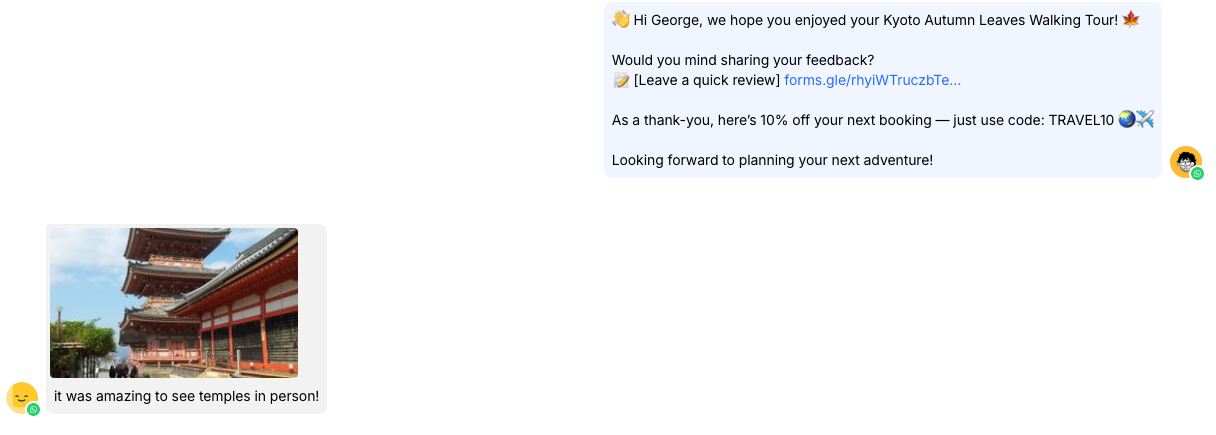Thank guests and ask for reviews. A simple follow-up message strengthens the relationship and encourages feedback or social proof. Share loyalty rewards, rebooking offers, or referral codes. Keep customers engaged after their trip with perks that encourage them to book again or refer friends. Send personalized follow-up suggestions. Recommend future destinations or experiences based on their last trip to stay top of mind for the next booking.