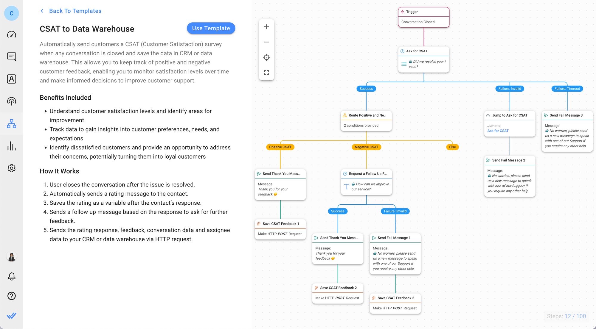 La satisfaction client joue un rôle important dans la mesure du succès et de la qualité du support client de votre entreprise. Avec respond.io, vous pouvez facilement créer et envoyer des sondages de satisfaction de la clientèle (CSAT). Ces enquêtes peuvent être déclenchées automatiquement après la fermeture d'une conversation avec un client ou initiées manuellement via le bouton Raccourci Déclencheur. Pour enregistrer les réponses à l'enquête, utilisez l'étape Ajouter une ligne dans Google Sheets pour enregistrer les données dans vos feuilles Google Sheets ou l'étape de requête HTTP pour enregistrer les réponses au sondage dans votre CRM ou votre entrepôt de données.