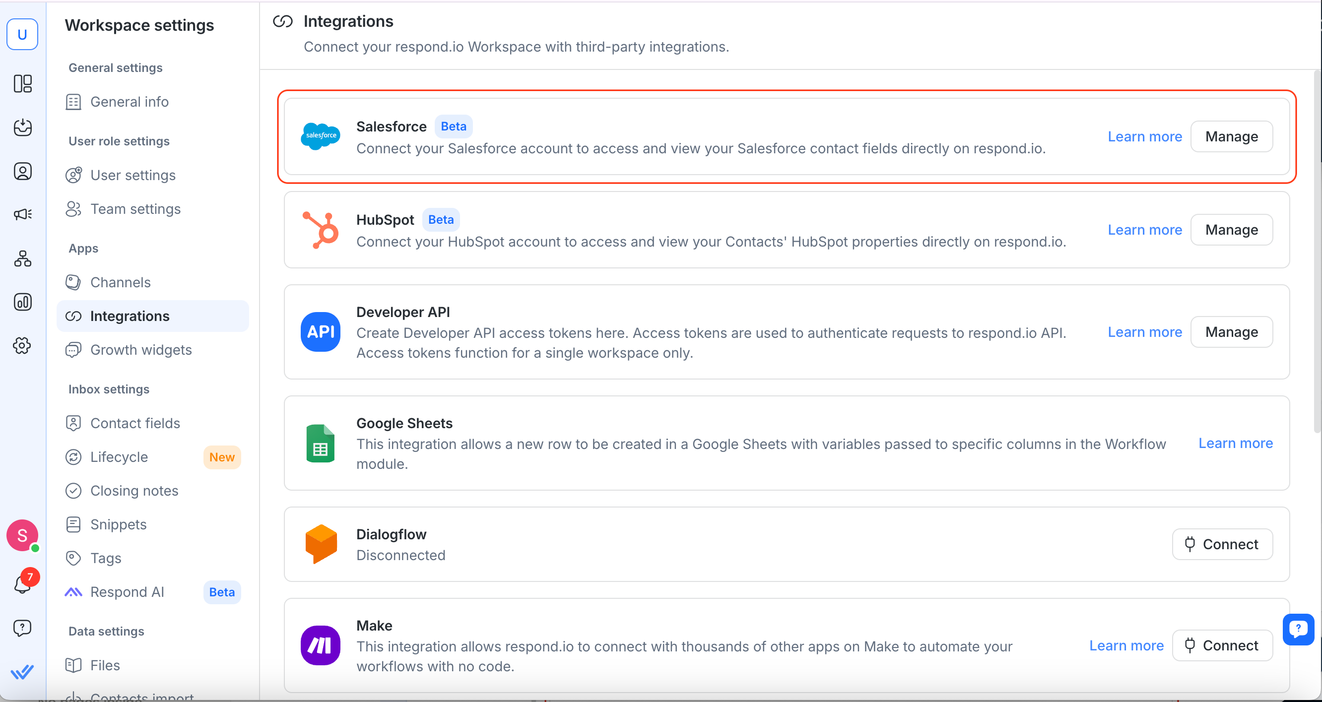 Una captura de pantalla que resalta la integración de Salesforce
