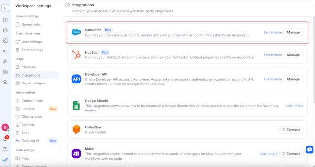 A screenshot highlighting the Salesforce integration
