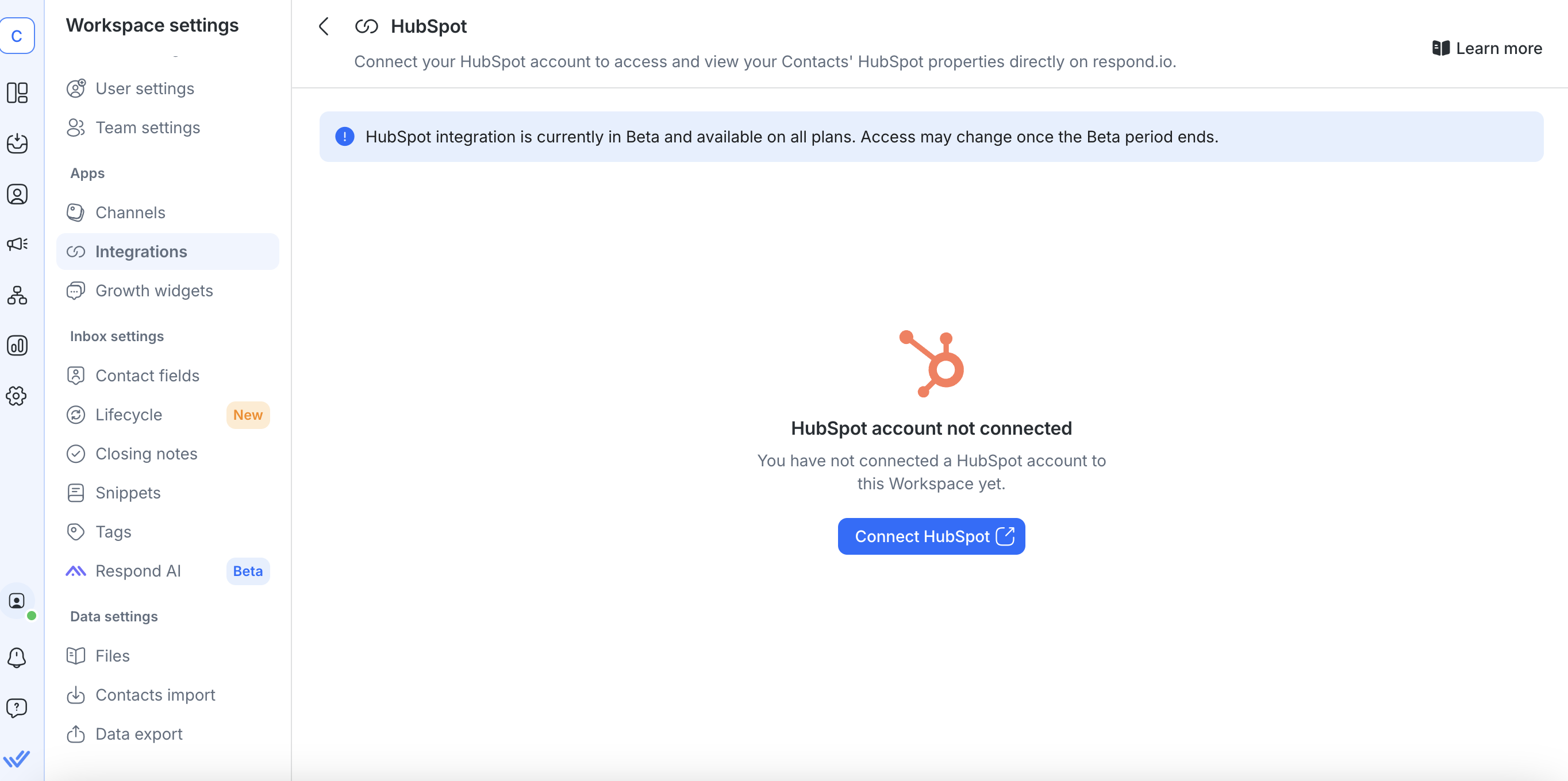 Screenshot showing how to connect HubSpot to a respond.io account