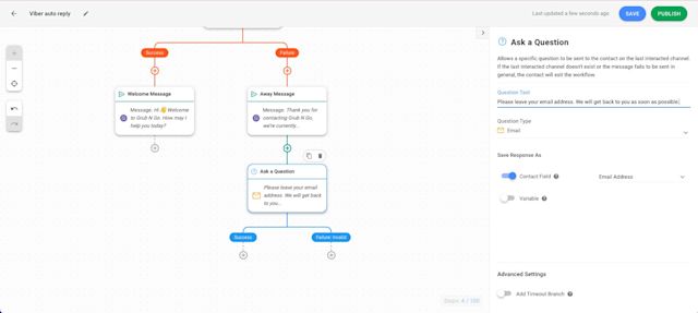 This is a screenshot that describes the final step of how to set auto reply in viber. Add the ask a question step to collect customers' information and attend to them when you're back online.
