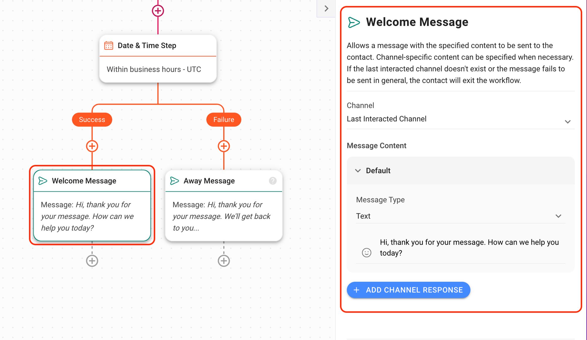 This is a screenshot that shows how to set up welcome message on respond.io. Businesses can connect to respond.io and set up welcome messages.