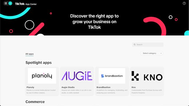 A screenshot showing the TikTok App Center to integrate third-party software