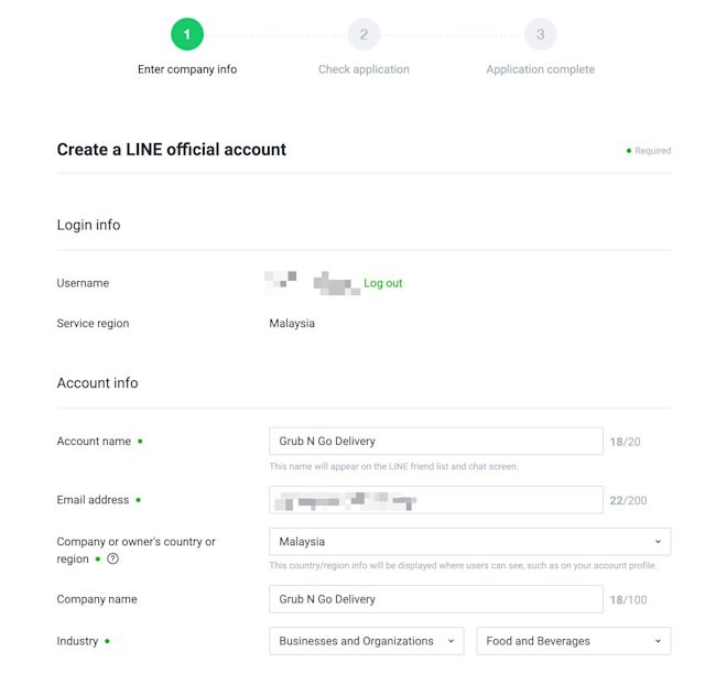 Screenshot showing how to fill in your details to get a Line official account