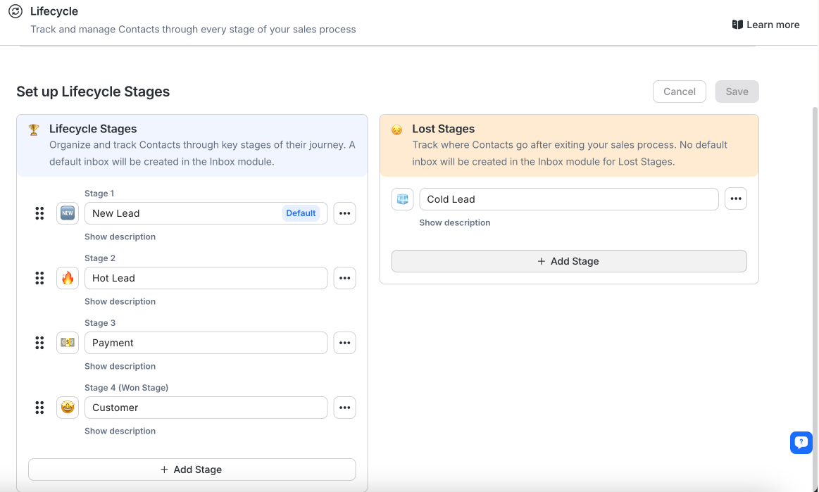 Image depicting how respond.io's Lifecycle stages look like 