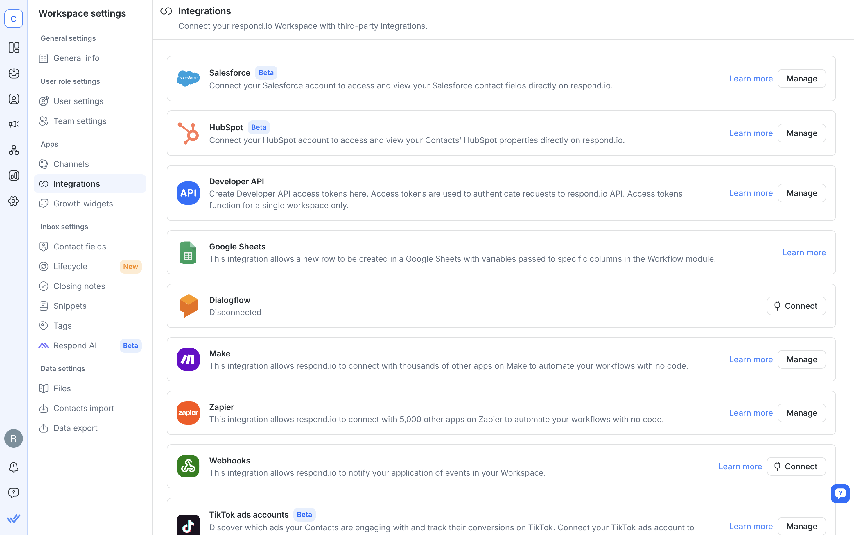 Hình ảnh hiển thị các tùy chọn tích hợp CRM của respond.io.