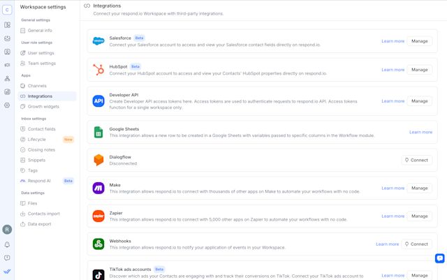 Image showing respond.io's range of CRM integration options.