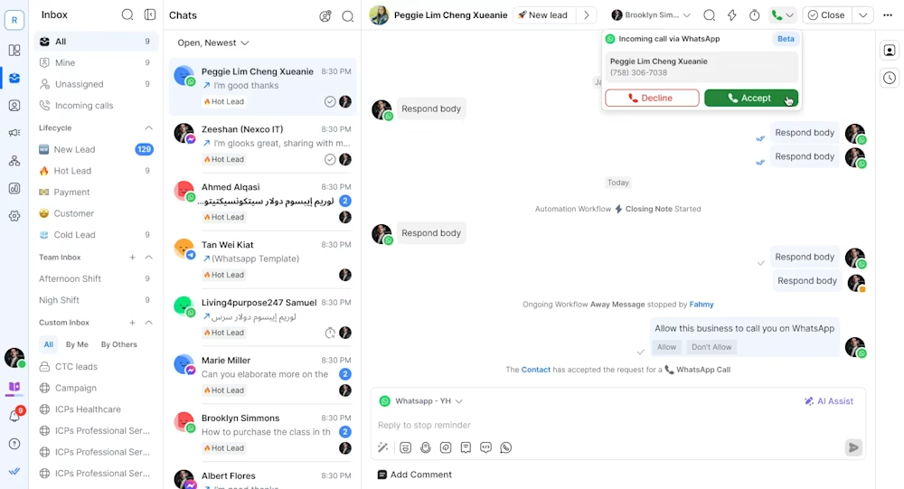 WhatsApp Business Calling API: accepting an incoming call.