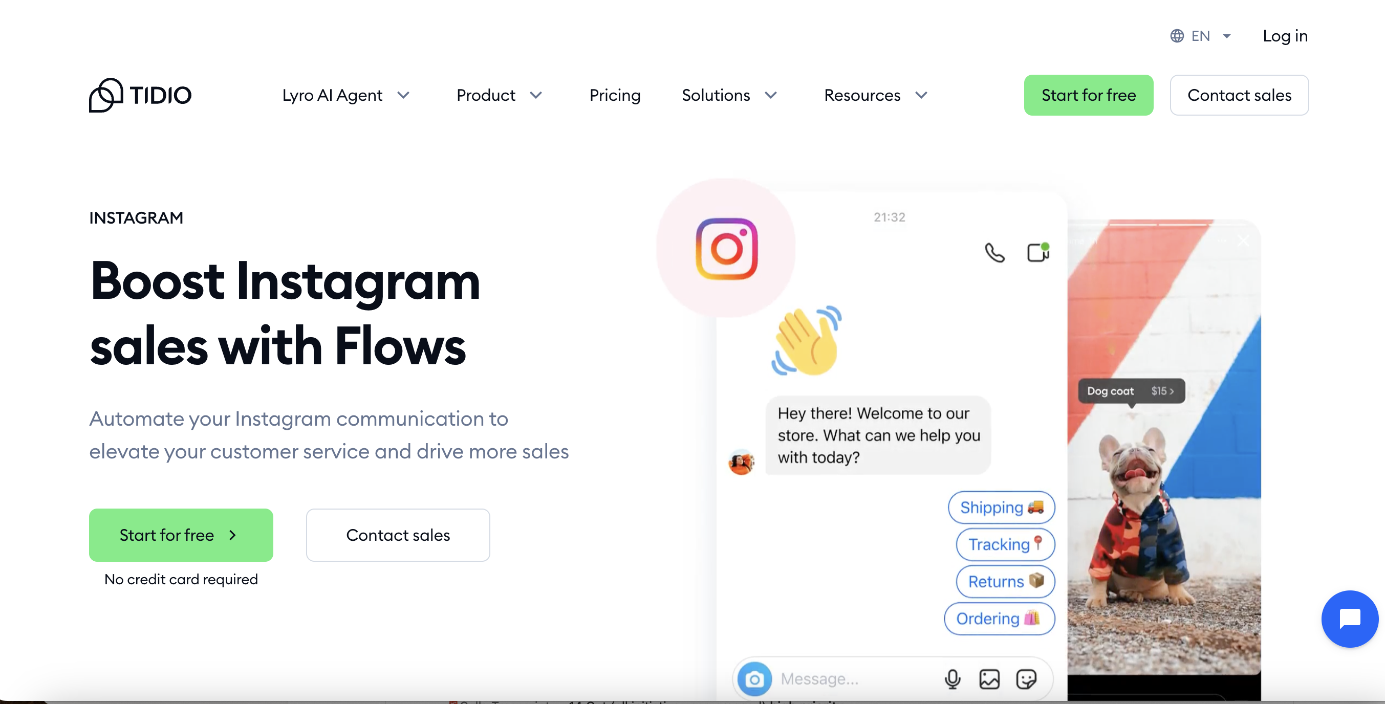 Screenshot of Tidio's landing page about its Instagram chatbot
