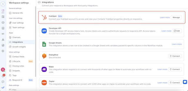 Image on how to pick HubSpot while in the Integrations section of respond.io