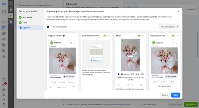 7. Add images or video for your ad. The media you add will be automatically cropped but you can manually edit them. Note that visuals play a crucial role in digital advertising. They should grab viewer's attention within the first three seconds to ensure your ad doesn't get overlooked.