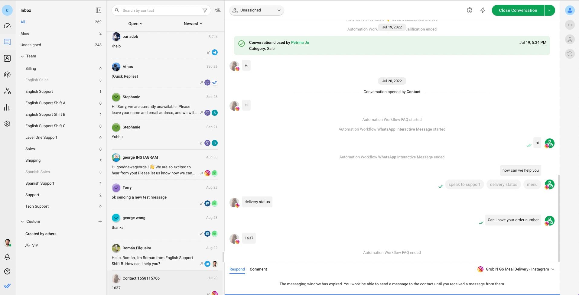 This image shows respond.io's omnichannel inbox for WhatsApp in Healthcare. This omnichannel inbox provides a complete consultation history for each patient, consolidating conversations across different channels. This means that providers can quickly review a patient's previous messages.