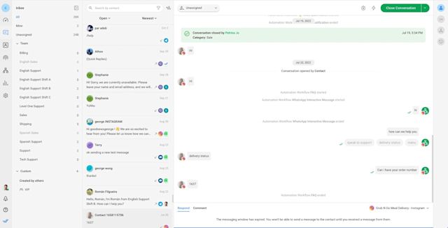 This image shows respond.io's omnichannel inbox for WhatsApp in Healthcare. This omnichannel inbox provides a complete consultation history for each patient, consolidating conversations across different channels. This means that providers can quickly review a patient's previous messages.
