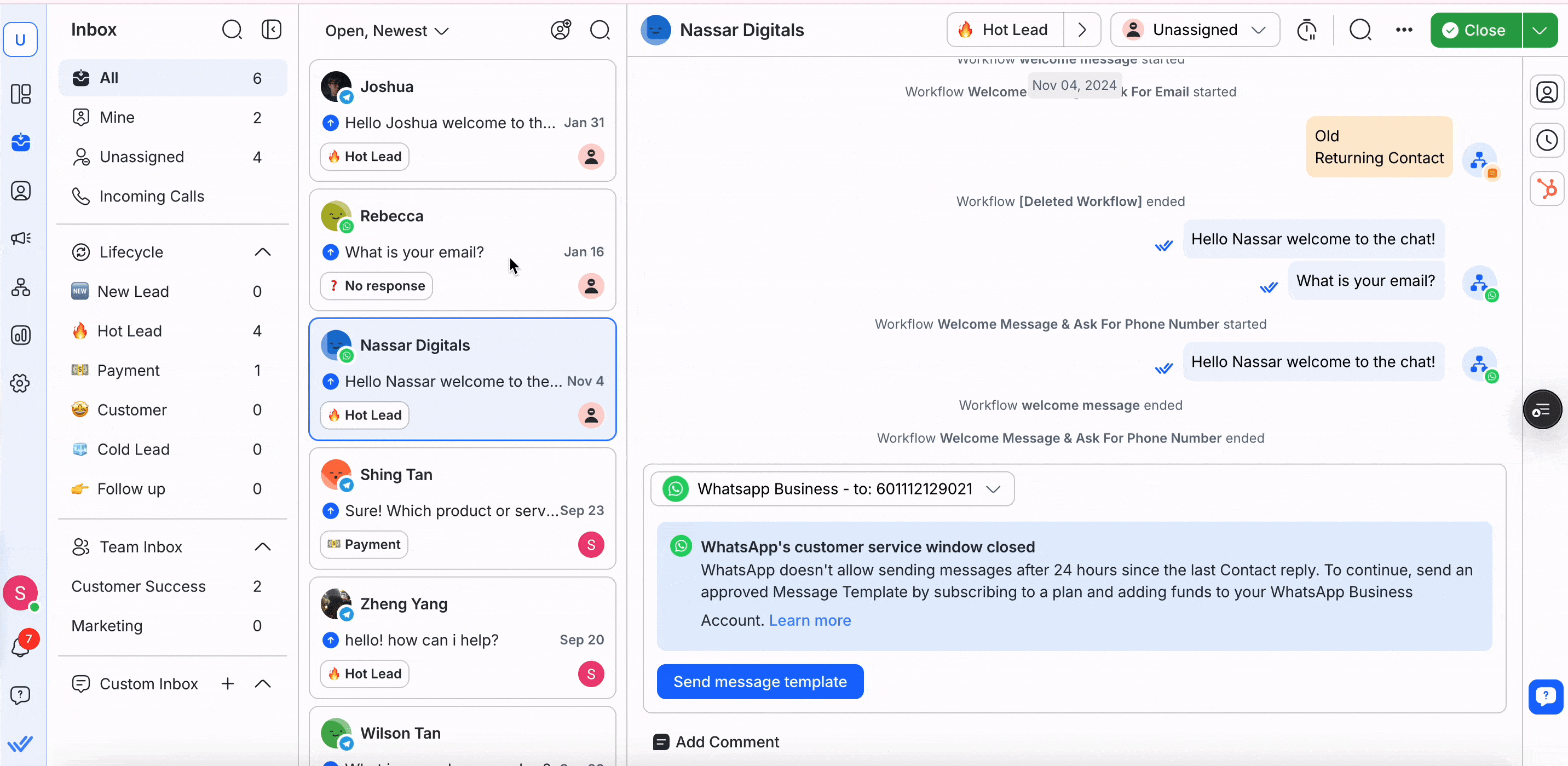 Gif showing an example of how to integrate WhatsApp Business API with HubSpot CRM