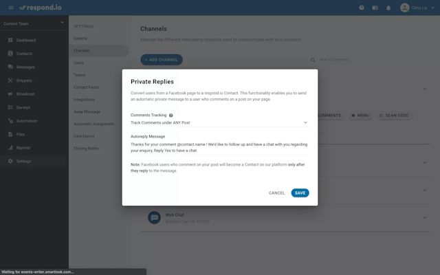 Screenshot showing how to use respond.io's comment tracking feature as part of your Messenger marketing strategy. Select Track Comments Under Any Post and write an Autoreply Message 
