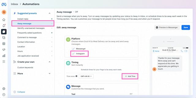 This is an image on how to set up an auto reply on instagram for away message