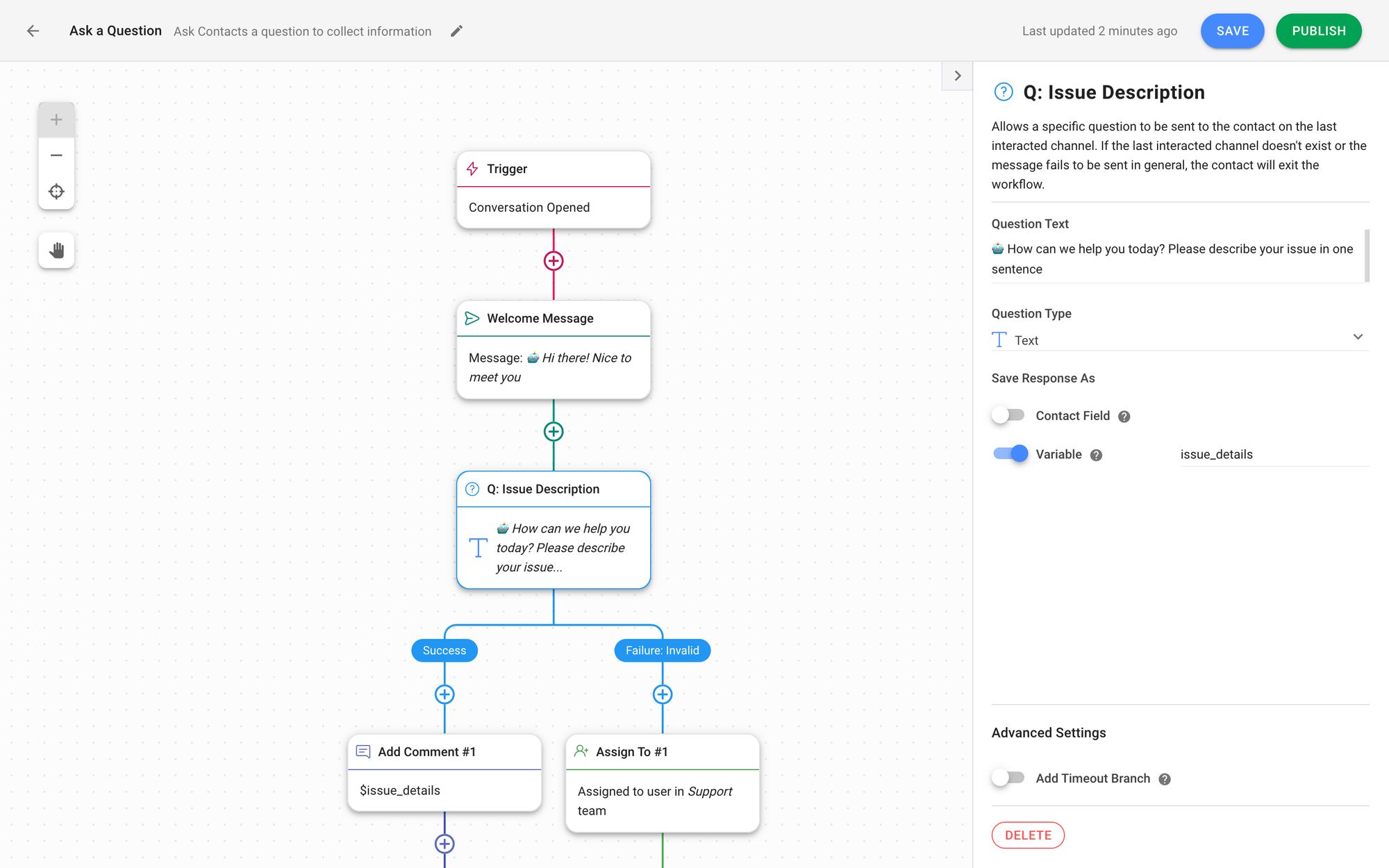 นี่คือภาพวิธีการถามคำถามปลายเปิดกับบอทคำถามบน respond.io คำถามปลายเปิดให้ตอบได้ยาวขึ้น จึงมีประโยชน์ในการรวบรวมข้อมูลเชิงคุณภาพและทำความเข้าใจปัญหาของลูกค้า พวกเขาให้ข้อมูลเชิงลึกโดยละเอียดเกี่ยวกับปัญหาทางธุรกิจที่ลูกค้าเผชิญ ซึ่งช่วยให้คุณสามารถมอบบริการลูกค้าได้ดีขึ้น คุณสามารถคิดว่ามันเป็นแบบฟอร์มการรวบรวมข้อมูลแบบสนทนาได้ เพื่อเปิดใช้งานการจับข้อมูลอัตโนมัติ การจับข้อมูลอัตโนมัติ เราขอแนะนำให้บันทึกคำตอบสำหรับคำถามปลายเปิดเป็นตัวแปร 