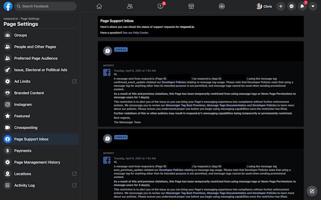 This is an image of Message Tag Ban Notifications in the Page Support Inbox. If your Page is banned from using Message Tag, you'll receive a notification in the Page Support Inbox. To access the Page Support Inbox, go to your Facebook Page and select Settings on the left sidebar. Then, click Page Support Inbox.