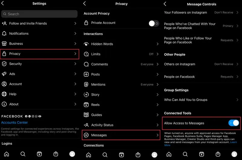 นี่คือภาพที่แสดงวิธีการตั้งค่า Instagram DM API หากต้องการรับ Instagram DM API คลิกปุ่มแฮมเบอร์เกอร์ที่มุมขวาบนของโปรไฟล์ธุรกิจ Instagram ของคุณ จากนั้นไปที่การตั้งค่า > ความเป็นส่วนตัว > ข้อความ และสลับอนุญาตให้เข้าถึงข้อความภายใต้เครื่องมือที่เชื่อมต่อ หากต้องการมีตัวแทนหลายรายบน Instagram Direct Message API ให้เชื่อมต่อกับ respond.io
