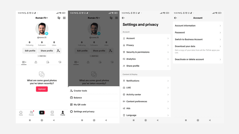 Image showing four phone screens with the steps for how to set up a TikTok business account