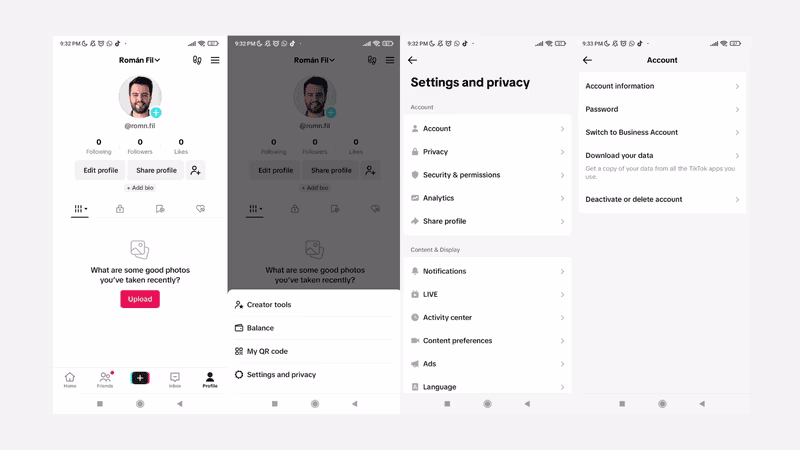 Image montrant quatre écrans de téléphone avec les étapes à suivre pour créer un compte professionnel TikTok
