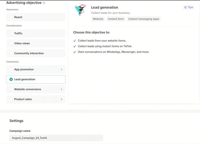 Step 1: Create your TikTok lead gen ad campaign on TikTok Ads Manager
