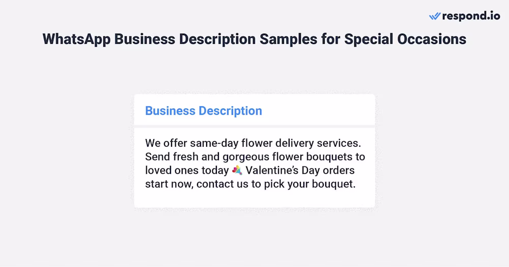 This is an image with a WhatsApp Business description for special occasions.