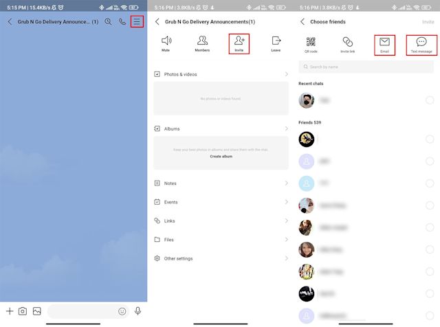 an image showing how to share LINE groups link via email or text