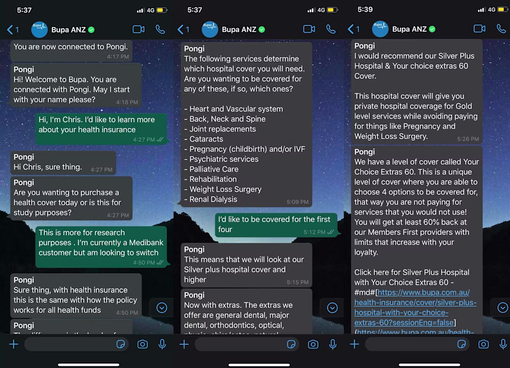 Esta es una imagen de la conversación de WhatsApp con un agente de servicio al cliente de Bupa Australia. 
