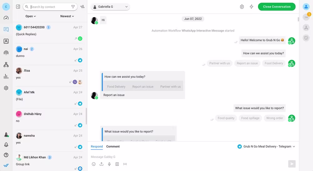 This is a screenshot that shows how you can consolidate all communication channels in an omnichannel inbox. Respond.io’s omnichannel inbox offers a solution for managing all customer inquiries across popular channels like Google Business Messages, Telegram, Facebook Messenger and more from one location. This guarantees a smooth customer experience while efficiently managing restaurant inquiries.