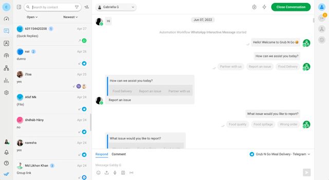 This is a screenshot that shows how you can consolidate all communication channels in an omnichannel inbox. Respond.io’s omnichannel inbox offers a solution for managing all customer inquiries across popular channels like Google Business Messages, Telegram, Facebook Messenger and more from one location. This guarantees a smooth customer experience while efficiently managing restaurant inquiries.