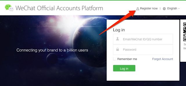 This image shows how to set up a business WeChat account. Start by clicking on Register now on the WeChat Official Account Platform and then follow the steps indicated in this blog post.