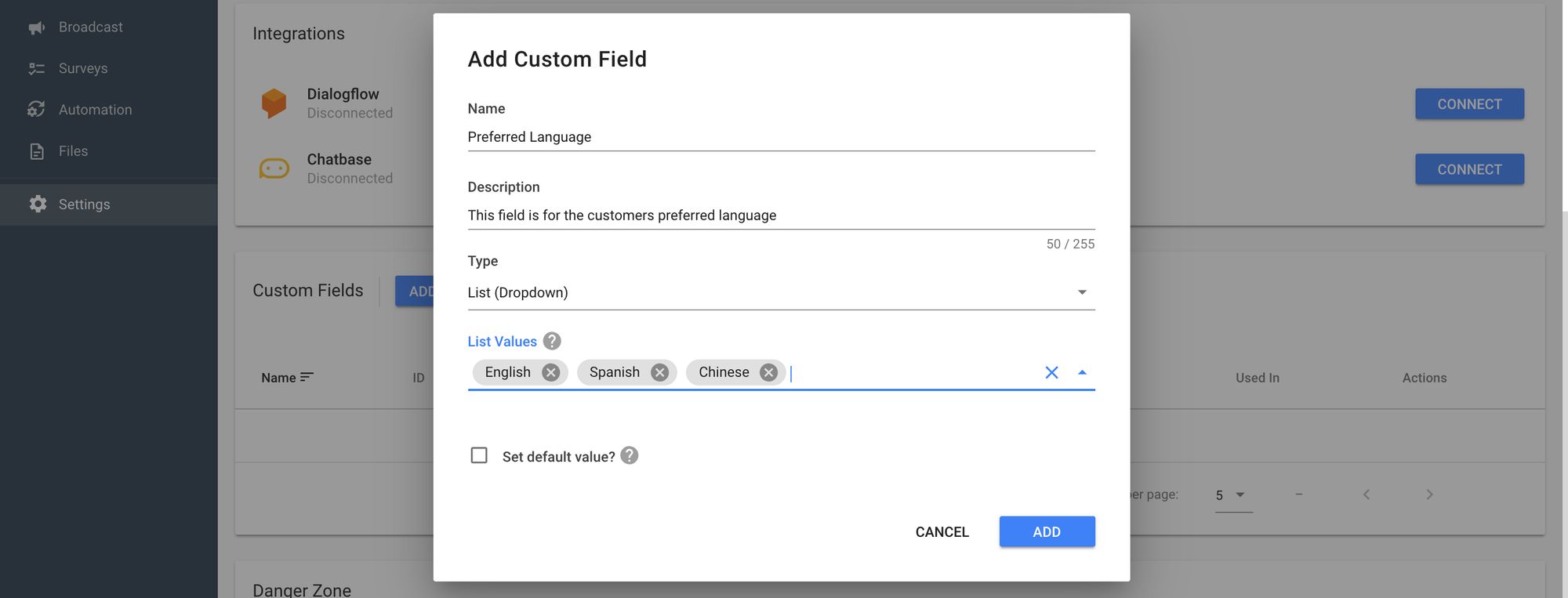 Create a Custom Field to Record the Data to get started with Chat Automation.