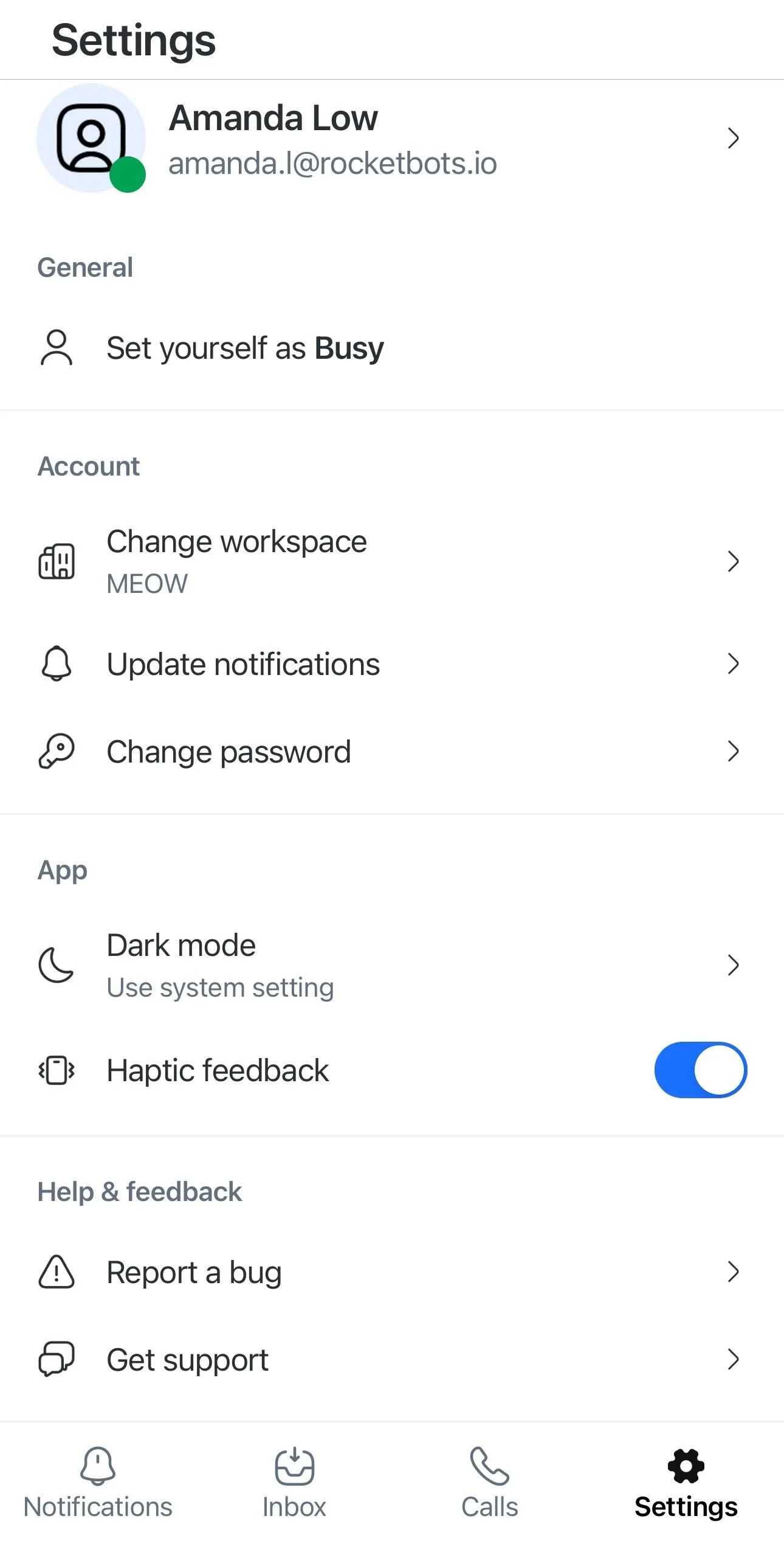 The Settings tab on mobile app.