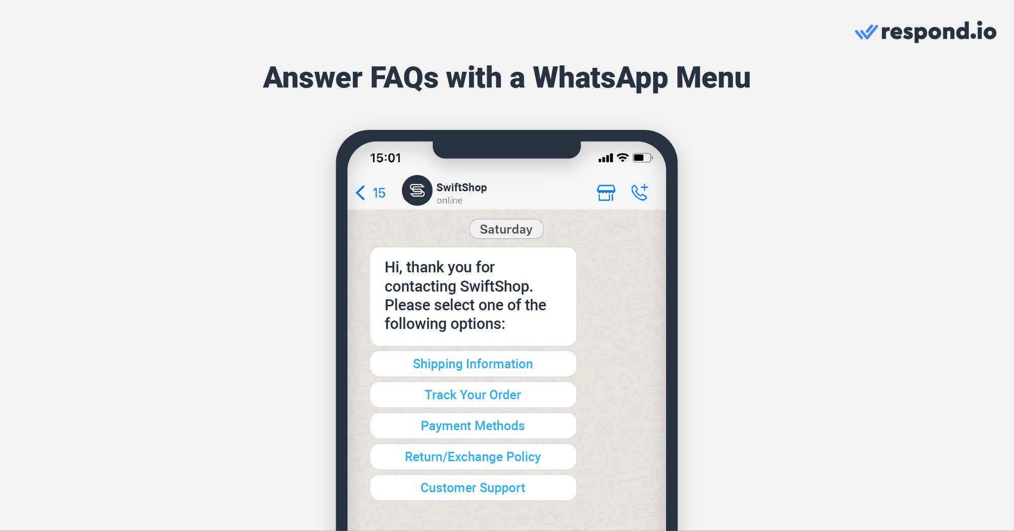 This is an image that show how businesses can use a WhatsApp menu to easily answer FAQs.