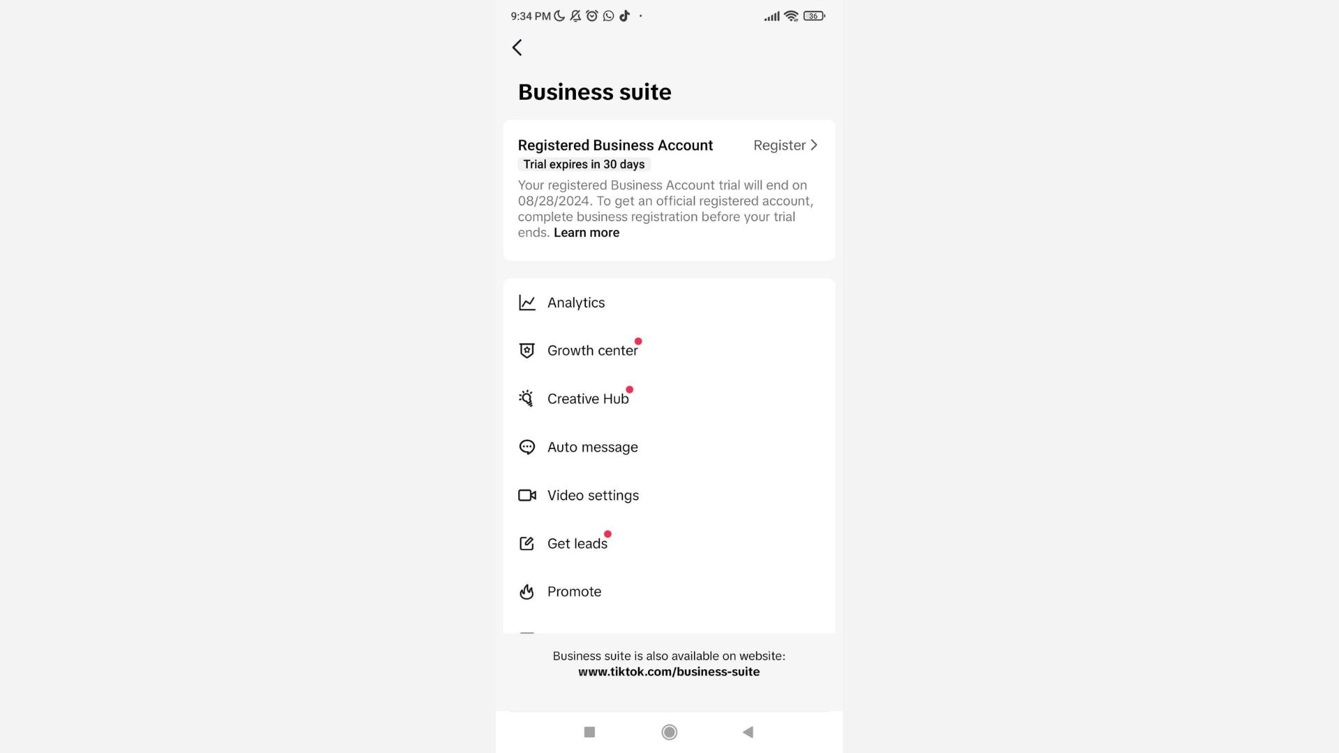 Screenshot showing how to register your business for TikTok marketing