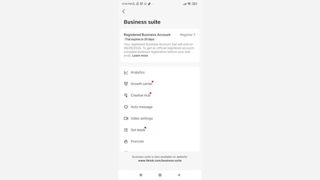 Screenshot showing how to register your business for TikTok marketing