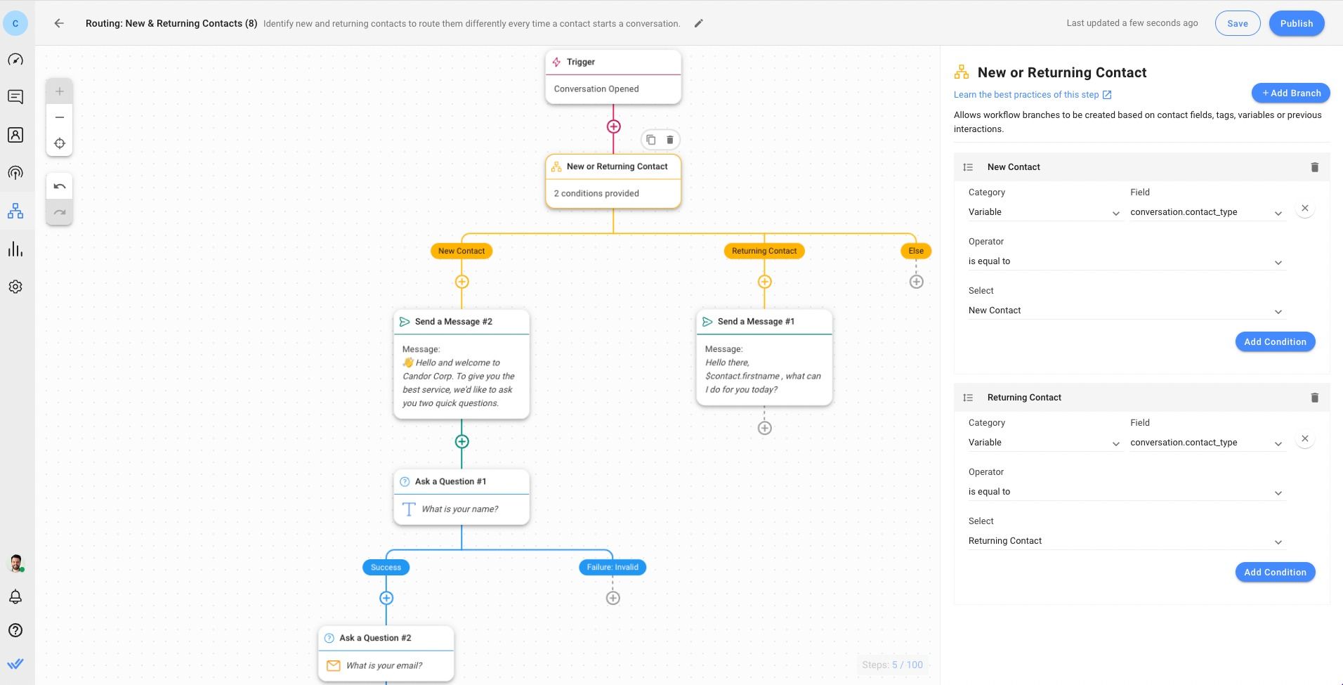 Questa immagine mostra come creare un chatrouter per i clienti nuovi e restituiti con respond.io Workflows.