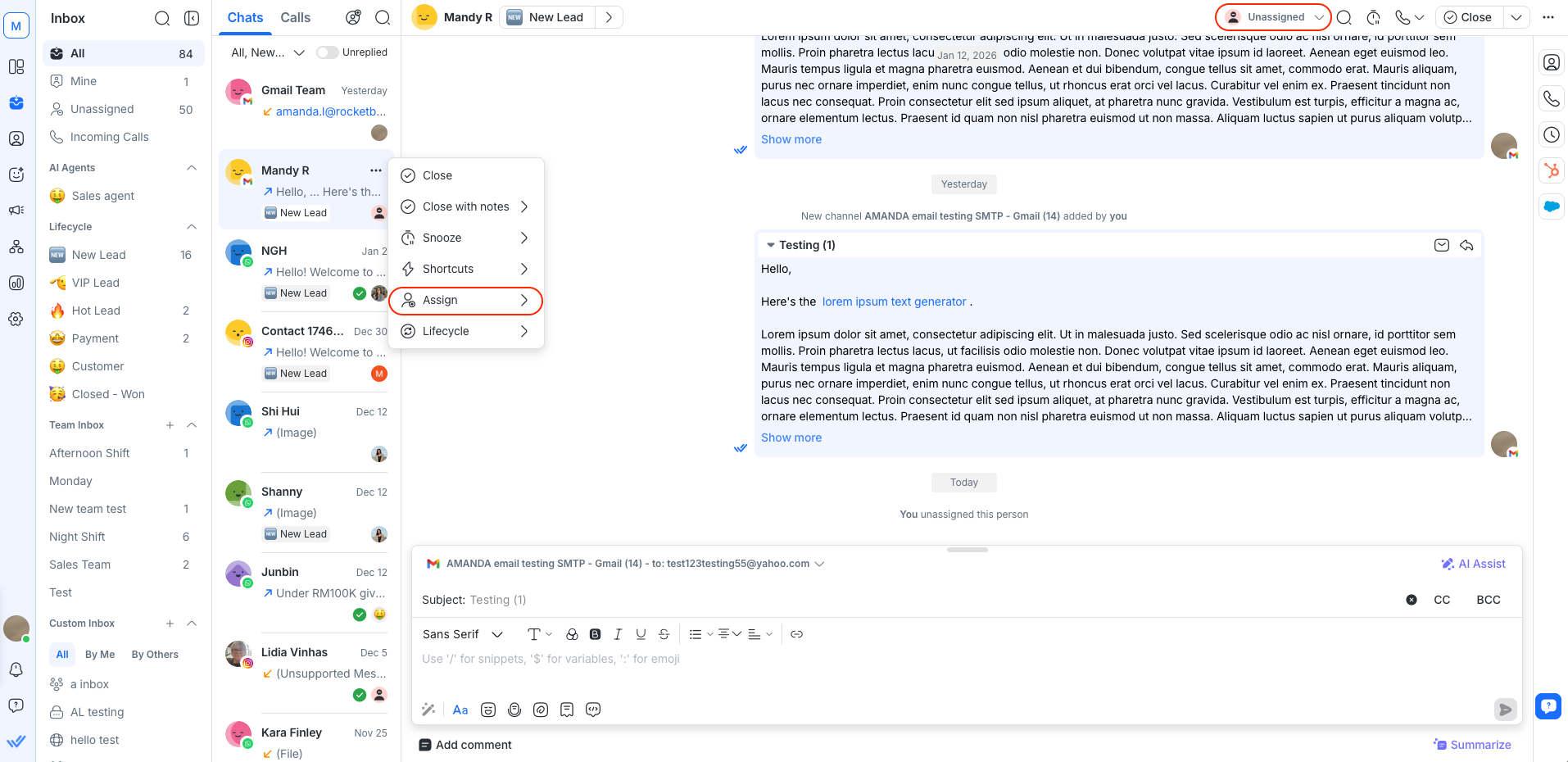 Einen Kontakt einem Teammitglied zuzuweisen geht über die Schaltfläche <b>Nicht zugewiesen</b> oder im Schnellaktionen‑Menü über <b>Zuweisen</b>.