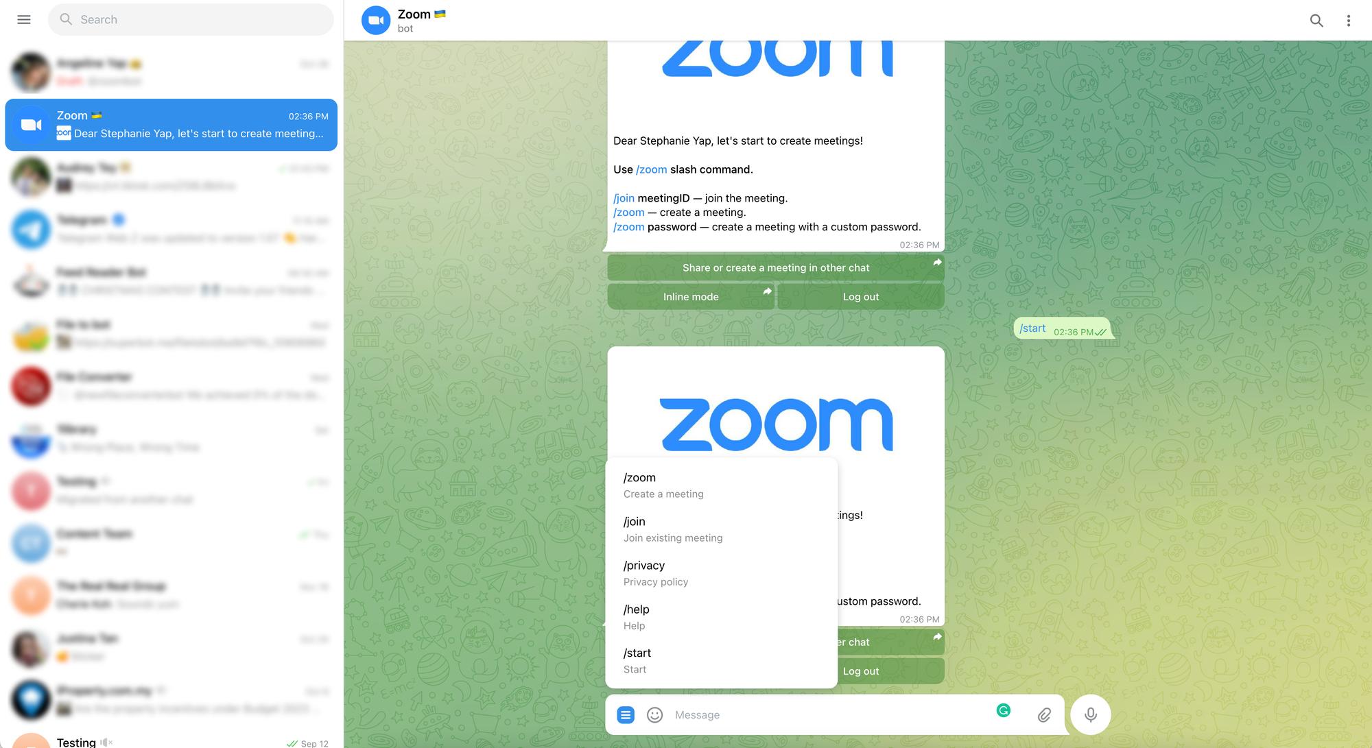 Il s'agit d'une capture d'écran qui montre comment utiliser Zoom pour passer des appels depuis votre Telegram