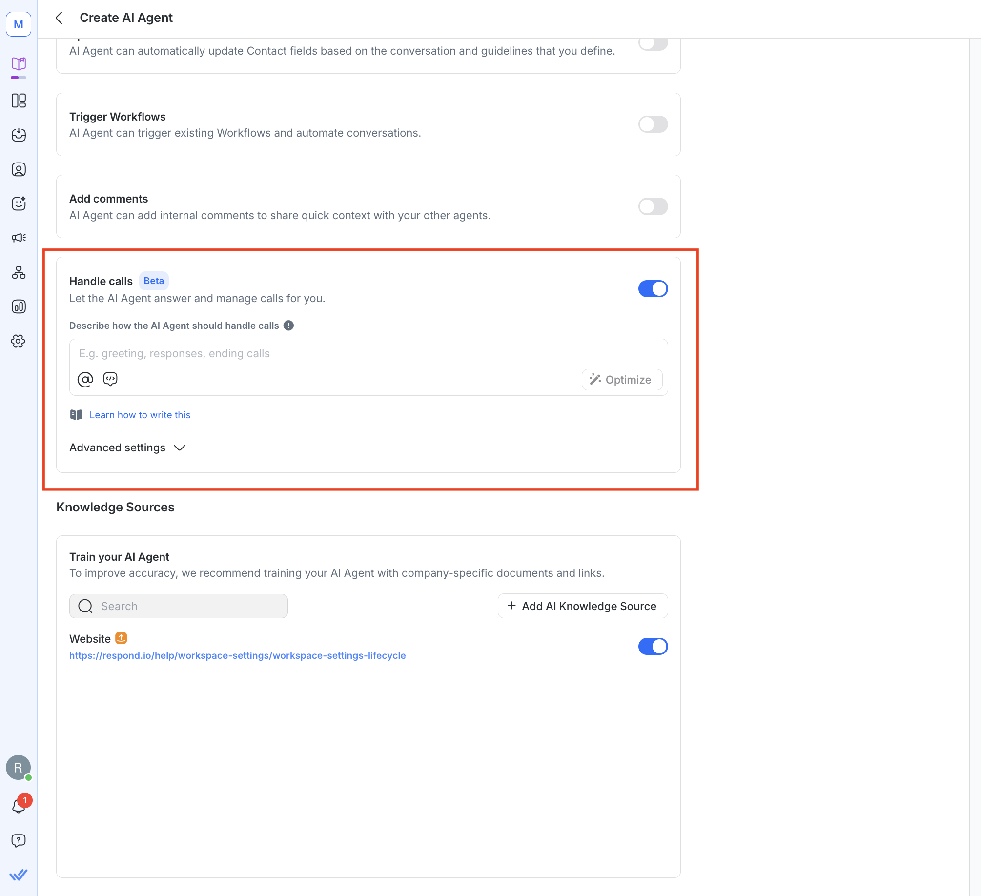 Image depicting how to enable the handle call feature for respond.io's AI Voice agents