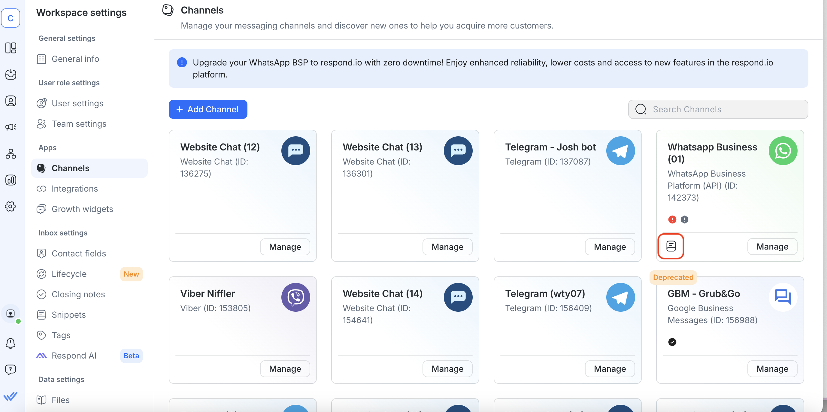 This image shows how to submit WhatsApp Messages Template from respond.io. 1. Go to Settings> Channel> WhatsApp Business API and select the Templates Icon.
